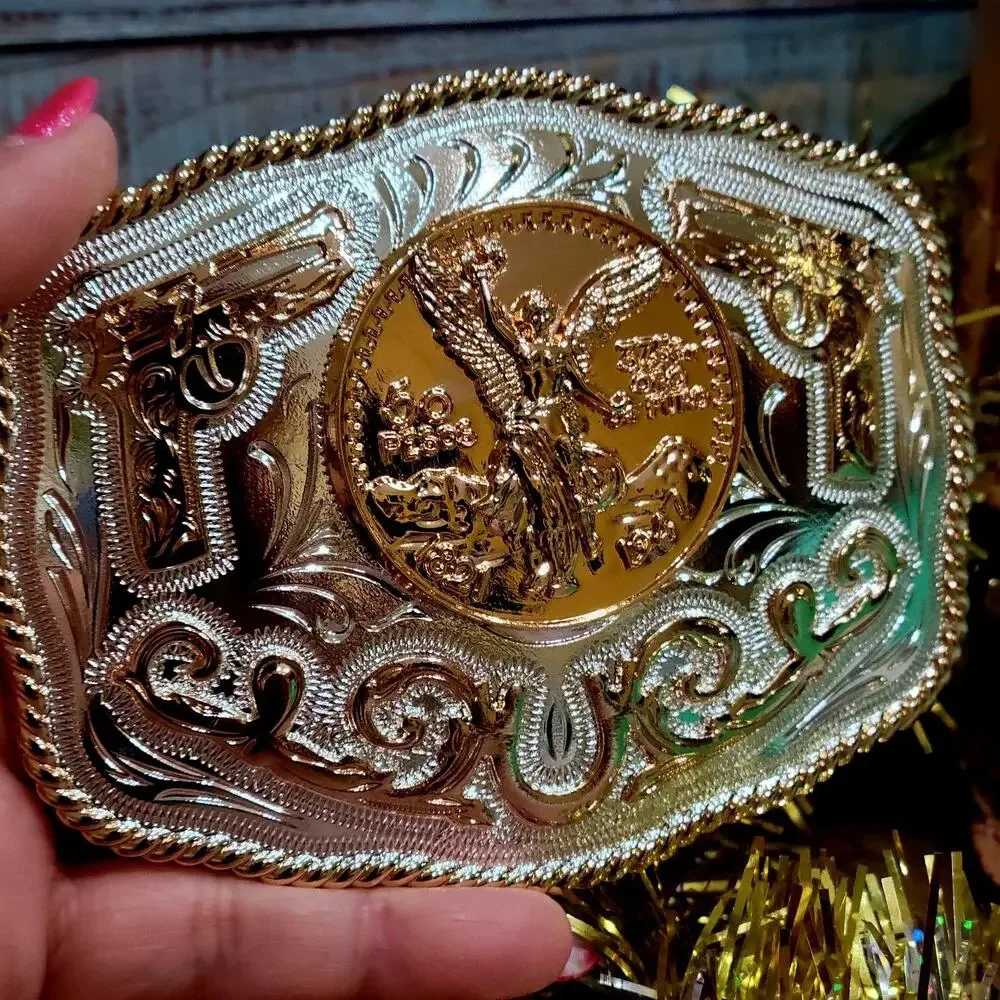 Centenario Cowboy Belt Buckle Western HebillaSilver & Rosetone Faux 50 Peso
